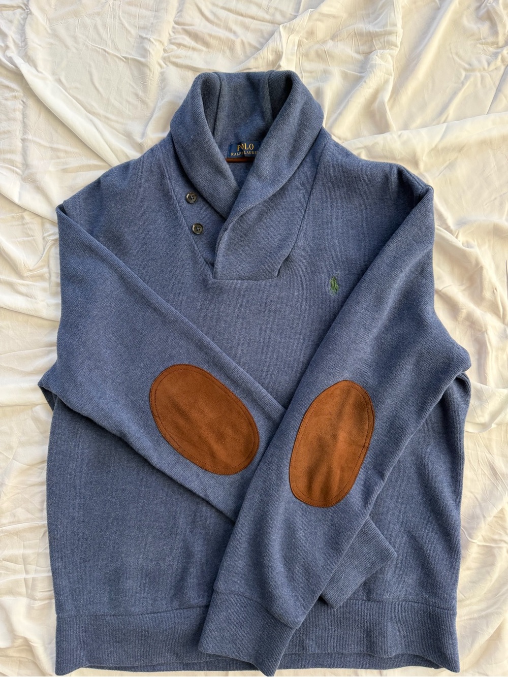 Polo by Ralph Lauren Blue Shawl-Collar Sweater with Suede Elbow Patches